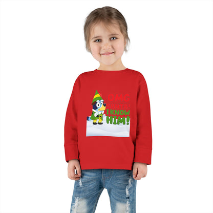 BLUE-Y Toddler Long Sleeve Tee — "OMG Santa! I Know Him!" DOG Christmas Shirt