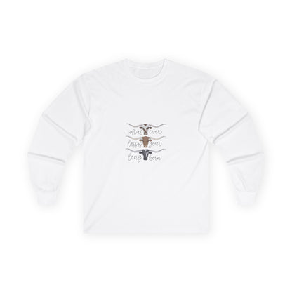 Longhorn Trio Long Sleeve Tee – 'Stay Humble Hustle Hard' Western Graphic