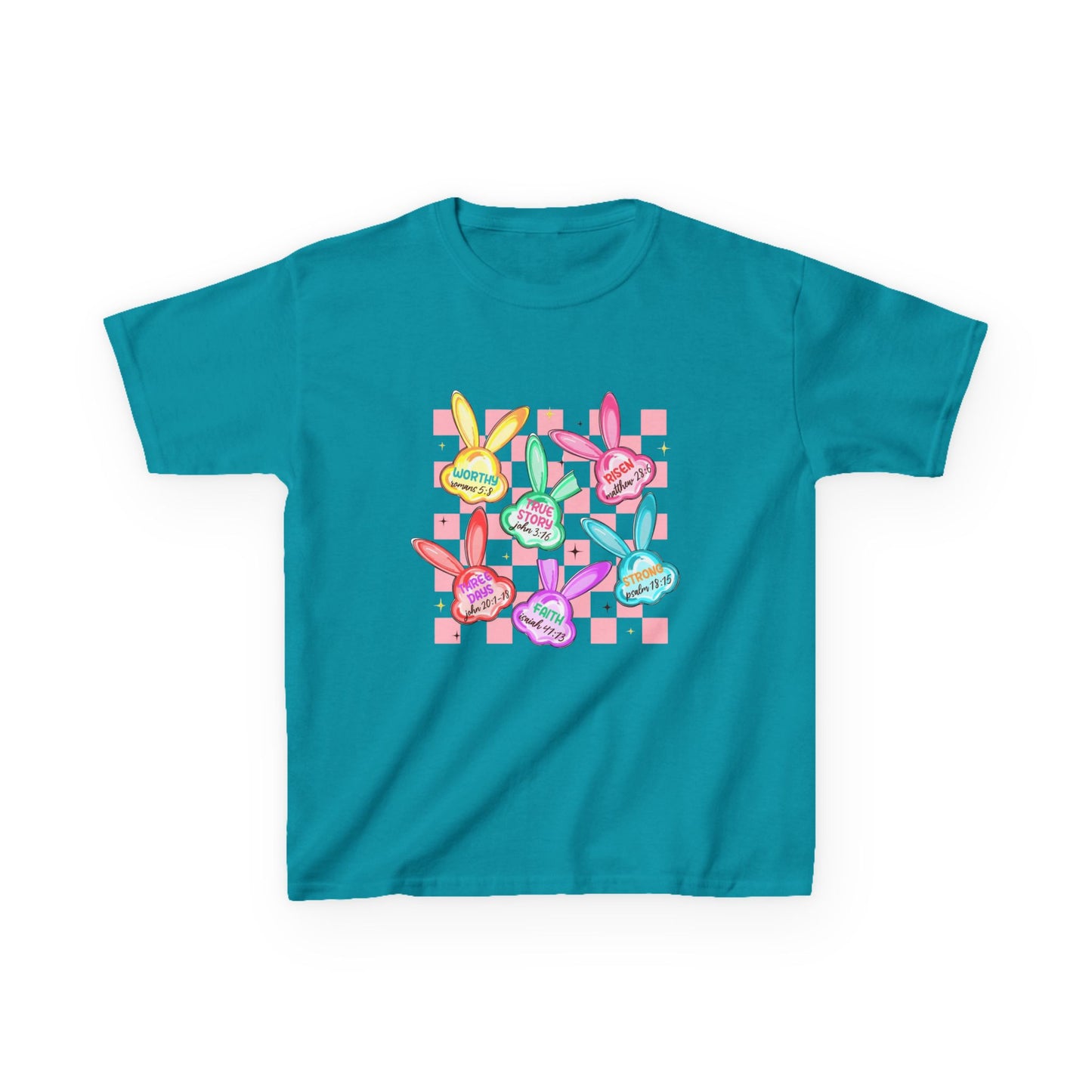 Kids Tee — Colorful Pastel Bunny Badges “Hug Me” Graphic