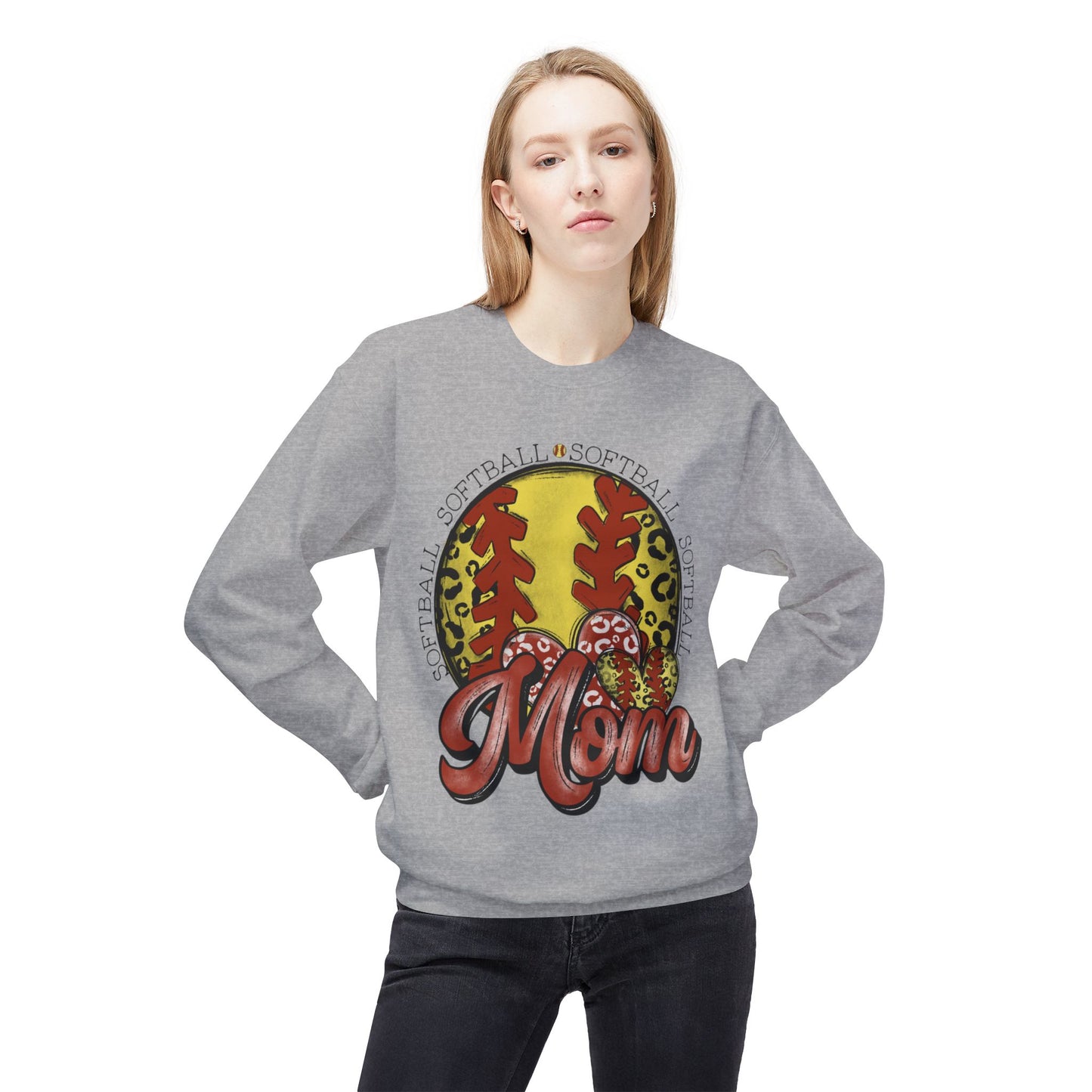 Softball Mom Crewneck Sweatshirt – Leopard Stitch Ball Graphic
