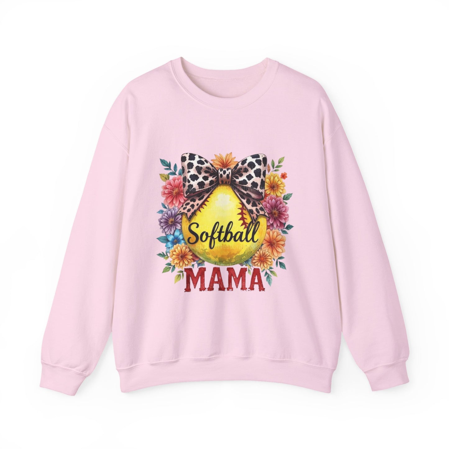 Softball Mama Crewneck Sweatshirt — Floral Softball Design with Leopard Bow