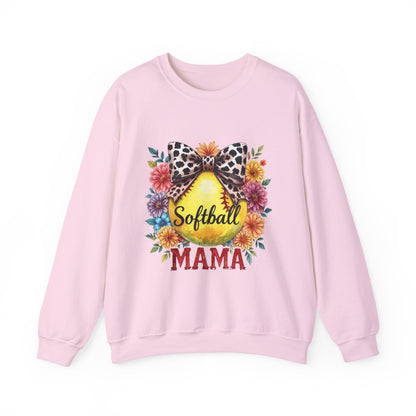 Softball Mama Crewneck Sweatshirt — Floral Softball Design with Leopard Bow