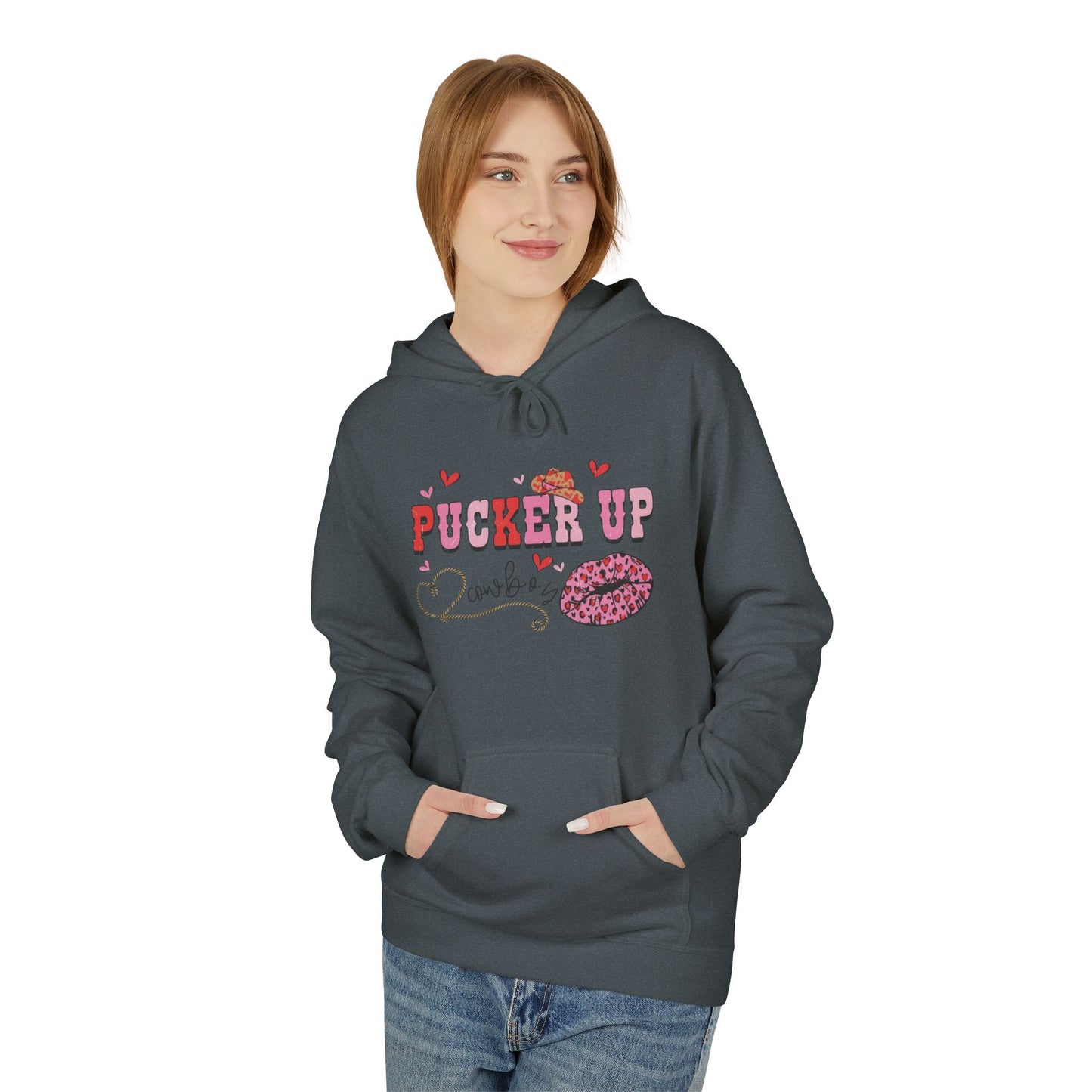 Pucker Up Hoodie — Pink Lip Print Valentine’s Graphic Sweatshirt