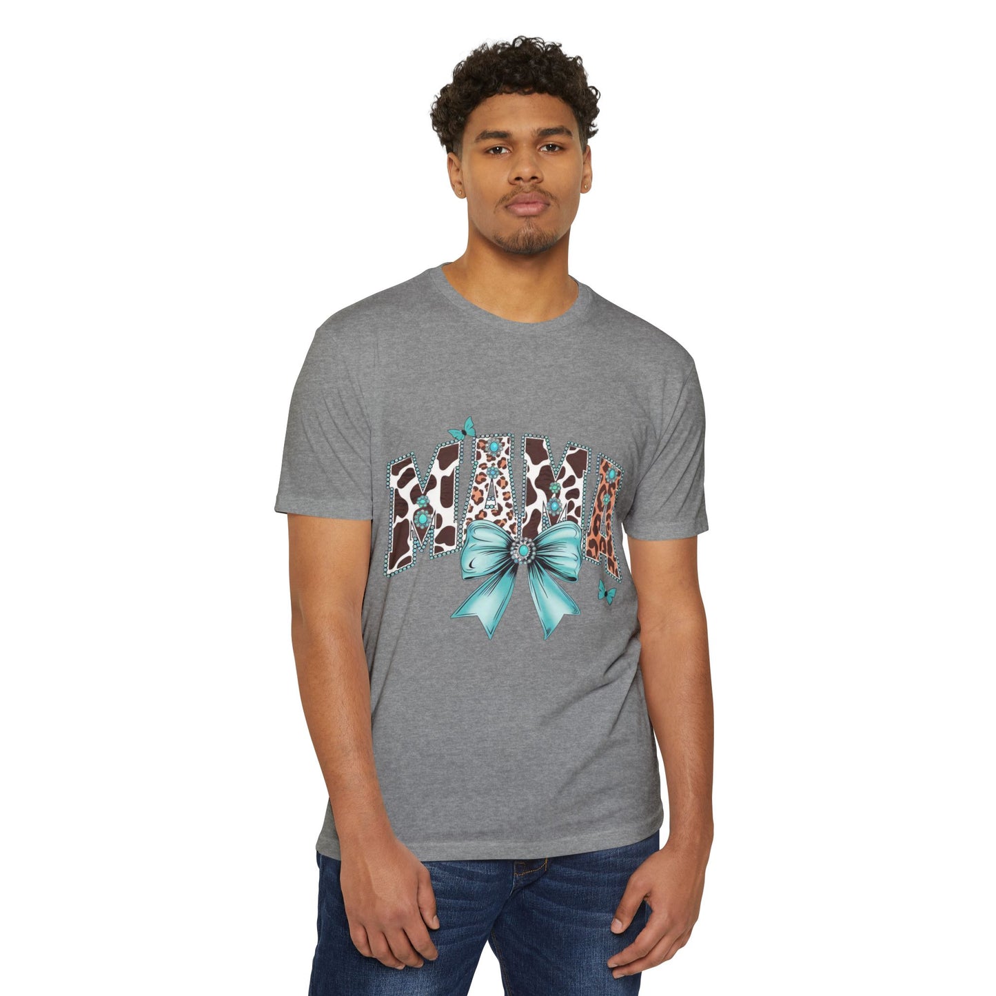 Mama Leopard Print Ribbon T‑Shirt — Teal Bow Mom Shirt
