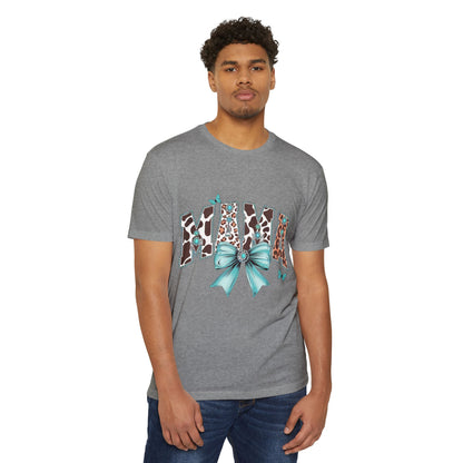 Mama Leopard Print Ribbon T‑Shirt — Teal Bow Mom Shirt