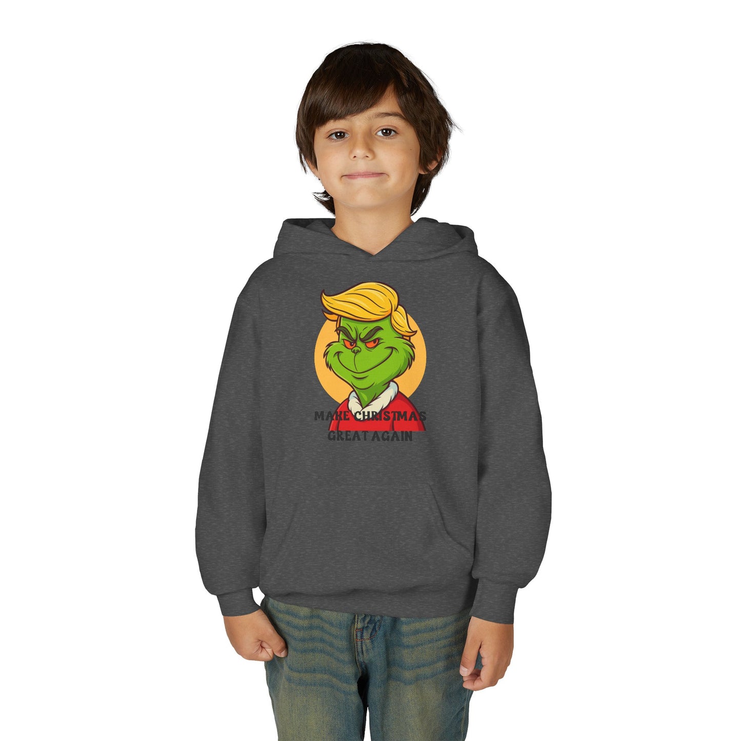 Youth Hoodie — Grinch Face Holiday Sweatshirt with 'Make Christmas Great Again' Text
