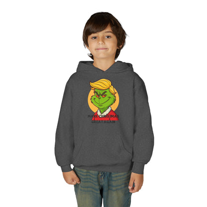 Youth Hoodie — Grinch Face Holiday Sweatshirt with 'Make Christmas Great Again' Text