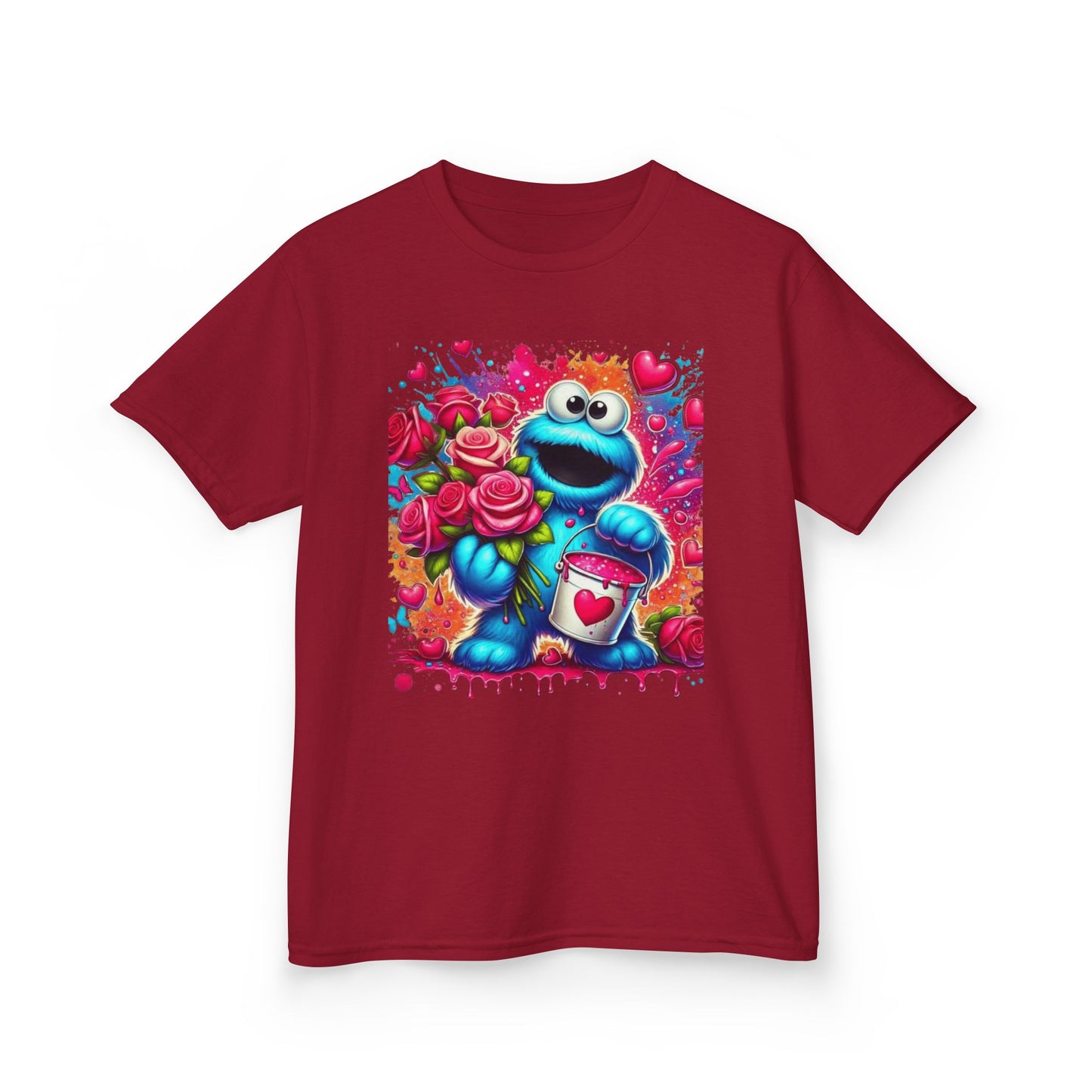 Valentine Blue Monster Kids Tee — Cute Fluffy Monster with Roses & Heart Paint