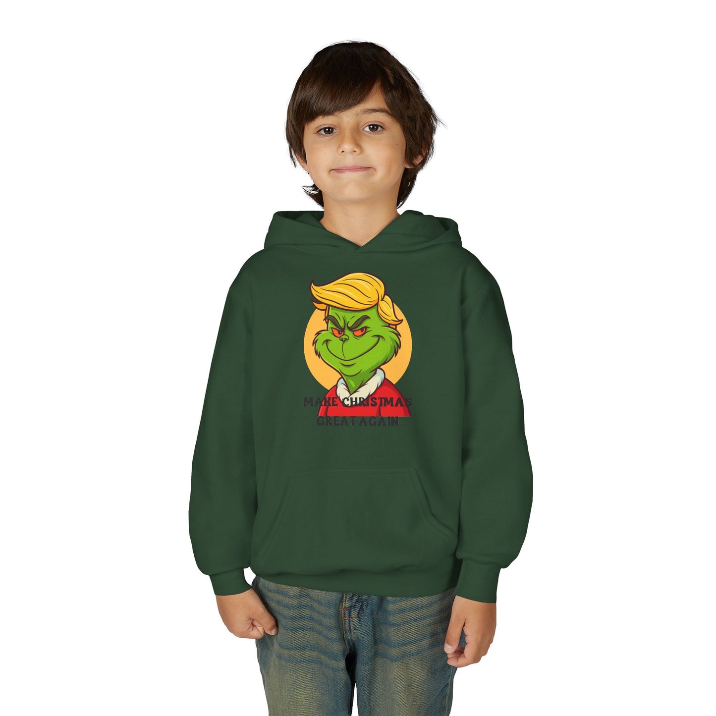 Youth Hoodie — Grinch Face Holiday Sweatshirt with 'Make Christmas Great Again' Text
