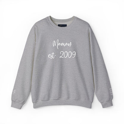 Embroidered Mamaw est. 2009- Grandkids on Wrist - Crewneck Sweatshirt — Personalized Grandma Gift