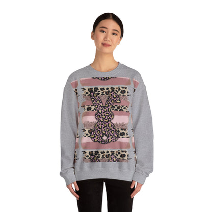 Leopard Print Bunny Crewneck Sweatshirt — Pink Striped Animal Easter Pullover