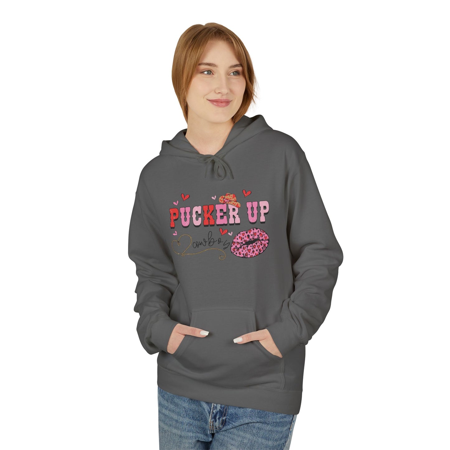 Pucker Up Hoodie — Pink Lip Print Valentine’s Graphic Sweatshirt