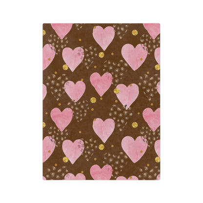 Plush Microfiber Blanket — Pink Watercolor Hearts on Chocolate Background