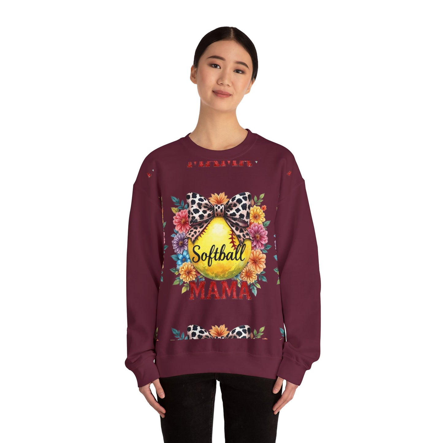 Softball Mama Crewneck Sweatshirt — Floral Softball Design with Leopard Bow