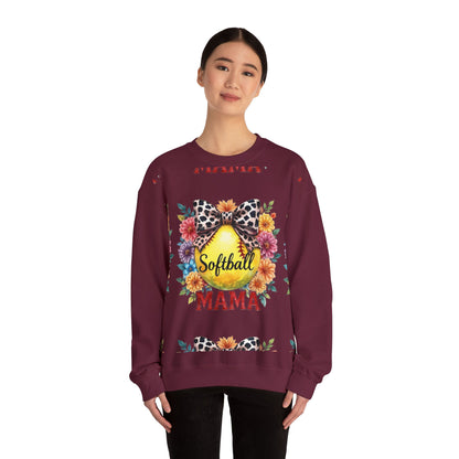 Softball Mama Crewneck Sweatshirt — Floral Softball Design with Leopard Bow