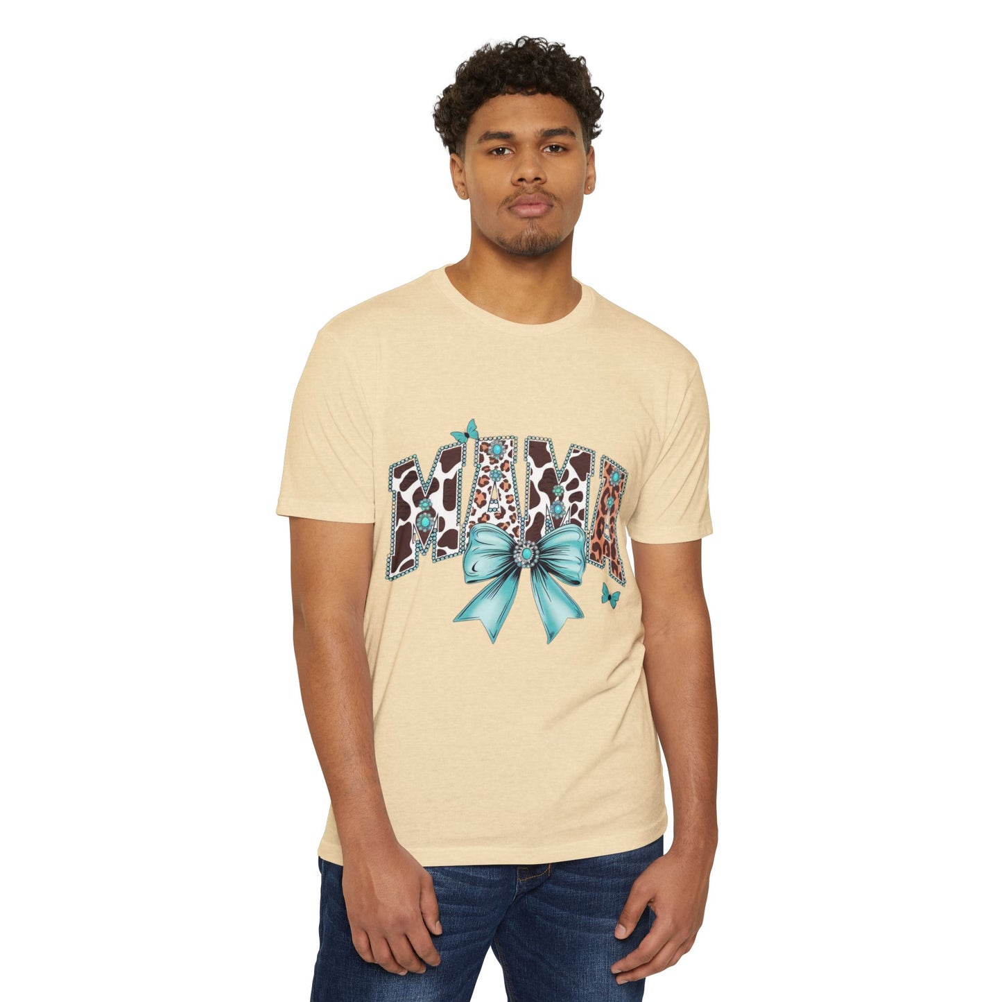 Mama Leopard Print Ribbon T‑Shirt — Teal Bow Mom Shirt