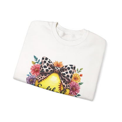 Softball Mama Crewneck Sweatshirt — Floral Softball Design with Leopard Bow