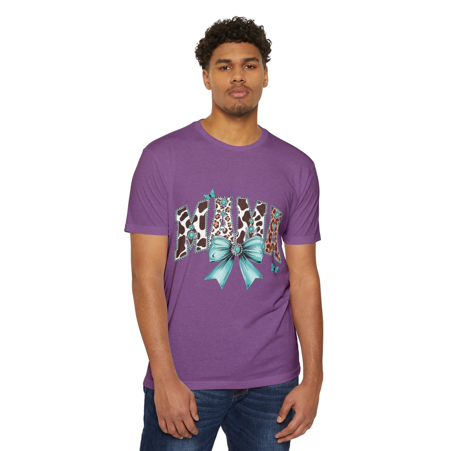 Mama Leopard Print Ribbon T‑Shirt — Teal Bow Mom Shirt