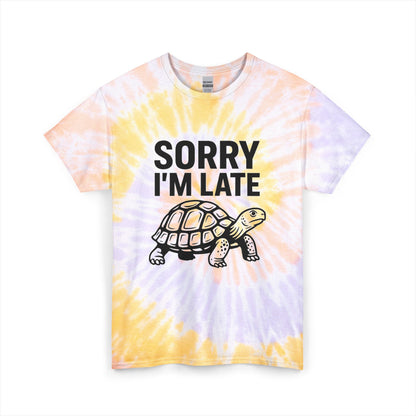 Playful Tie Dye Tee for Relaxed Vibes, Perfect Gift for Friends & Family, Casual Wear, Birthday Gift, Sorry I'm Late Design
