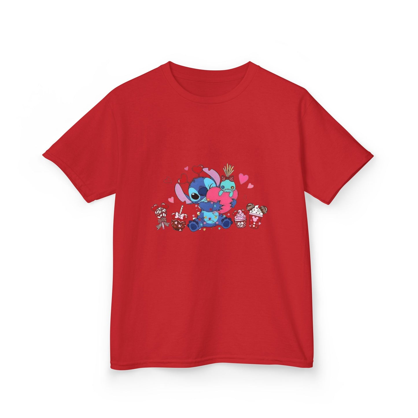 Stitch- Kids Valentine Alien Tee — Cute Blue Alien Hugging Pink Heart Plushie
