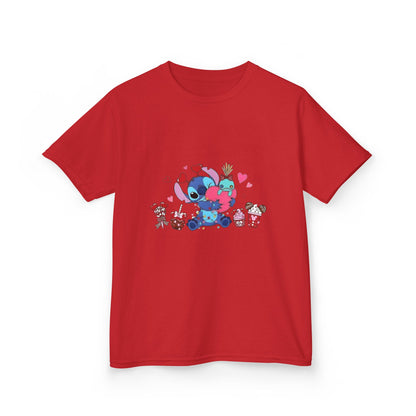 Stitch- Kids Valentine Alien Tee — Cute Blue Alien Hugging Pink Heart Plushie