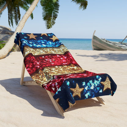 Patriotic Glitter Stars Beach Towel — Red White Blue Stripes