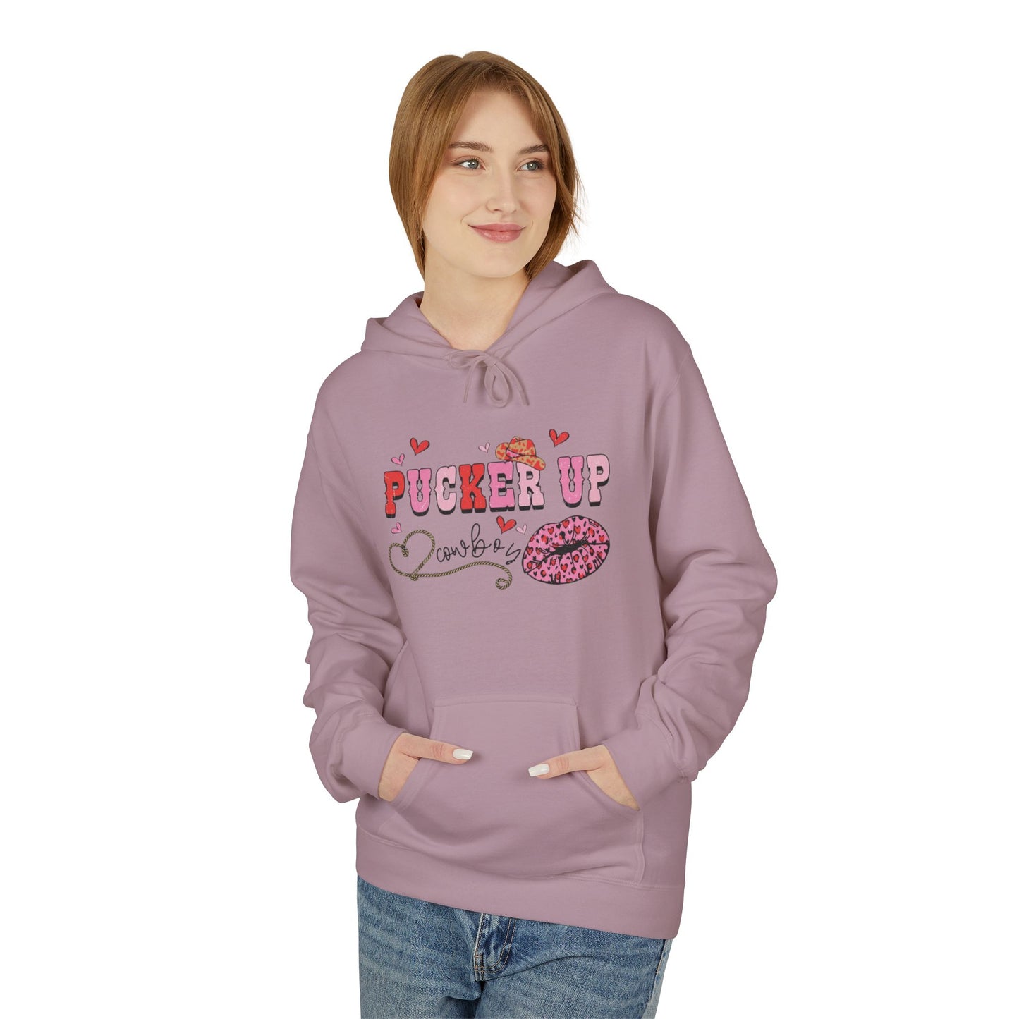 Pucker Up Hoodie — Pink Lip Print Valentine’s Graphic Sweatshirt