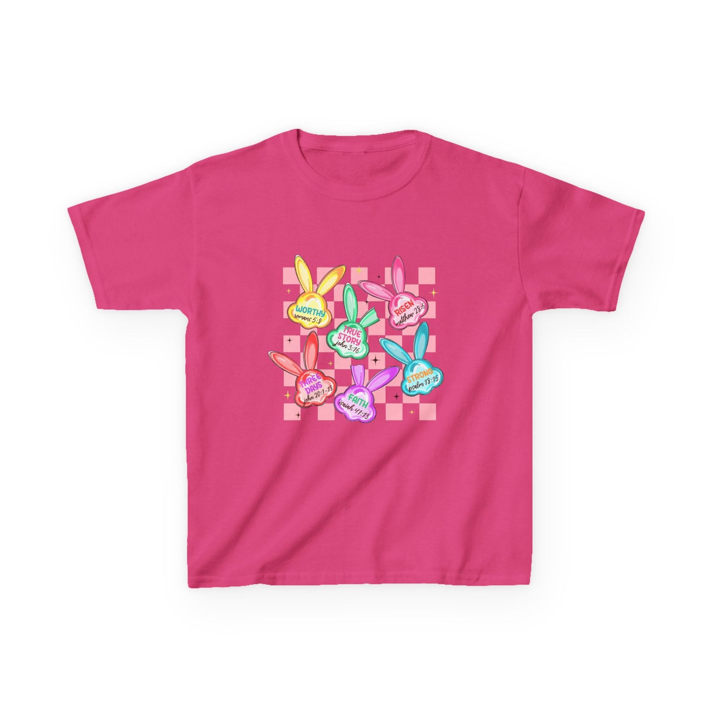 Kids Tee — Colorful Pastel Bunny Badges “Hug Me” Graphic