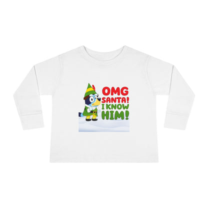 BLUE-Y Toddler Long Sleeve Tee — "OMG Santa! I Know Him!" DOG Christmas Shirt