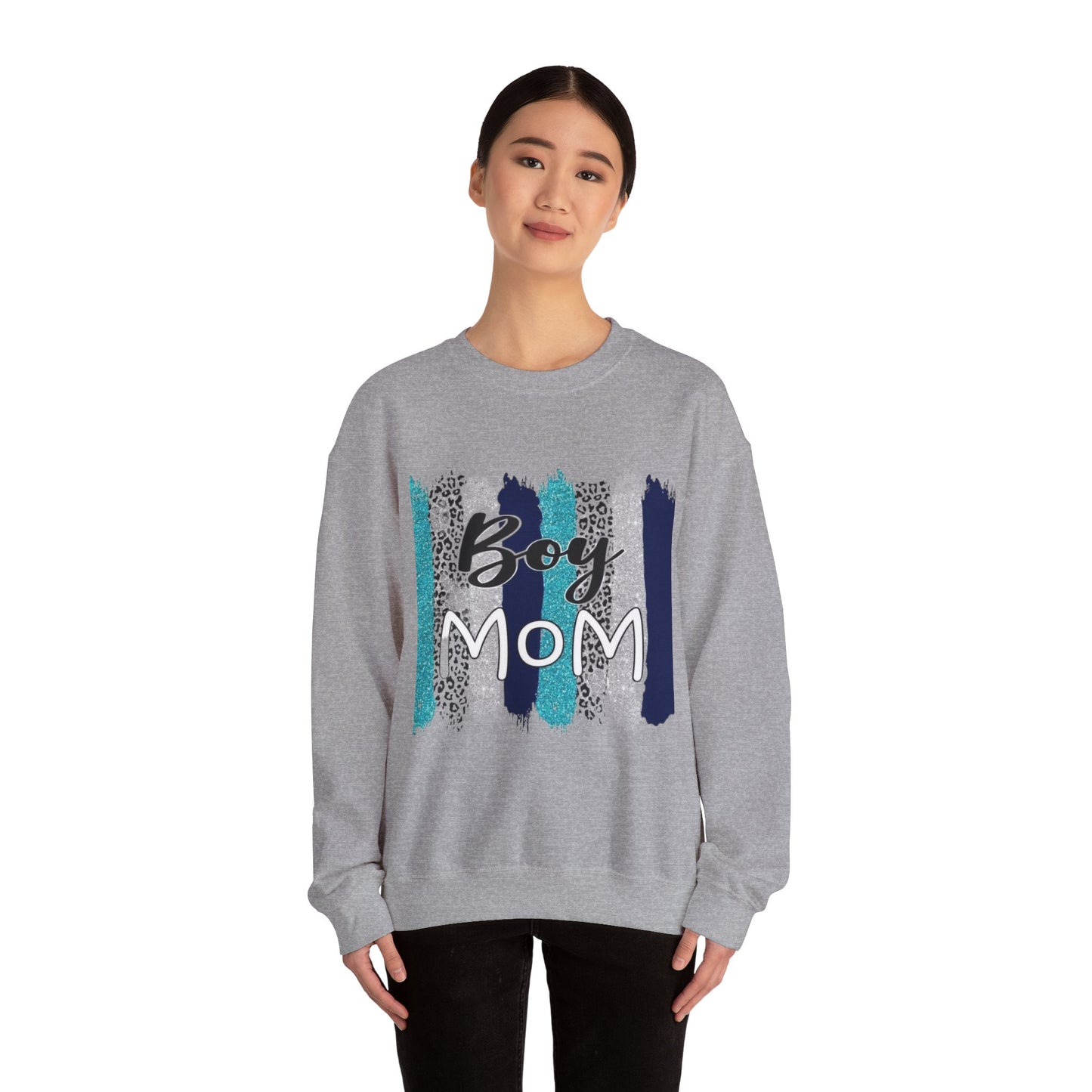 Boy Mom Sweatshirt — Cute Teal & Navy Brushstroke Crewneck for Moms