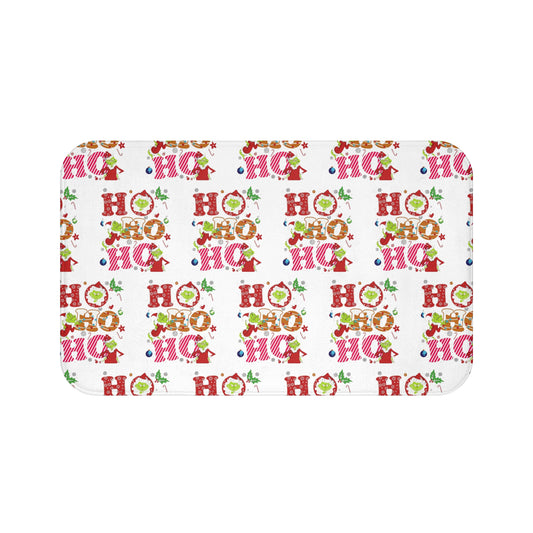 White- Grinch Holiday-Themed Bath Mat with Cheerful 'Ho Ho Ho' Design,