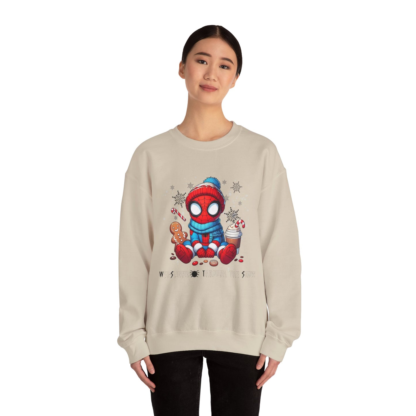 Holiday Spider Crewneck Sweatshirt — Cute Spidey in Winter Hat with Gingerbread & Cocoa