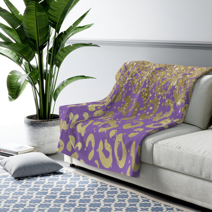 Gold Glitter Leopard Sherpa Blanket — Purple Animal Print Cozy Throw