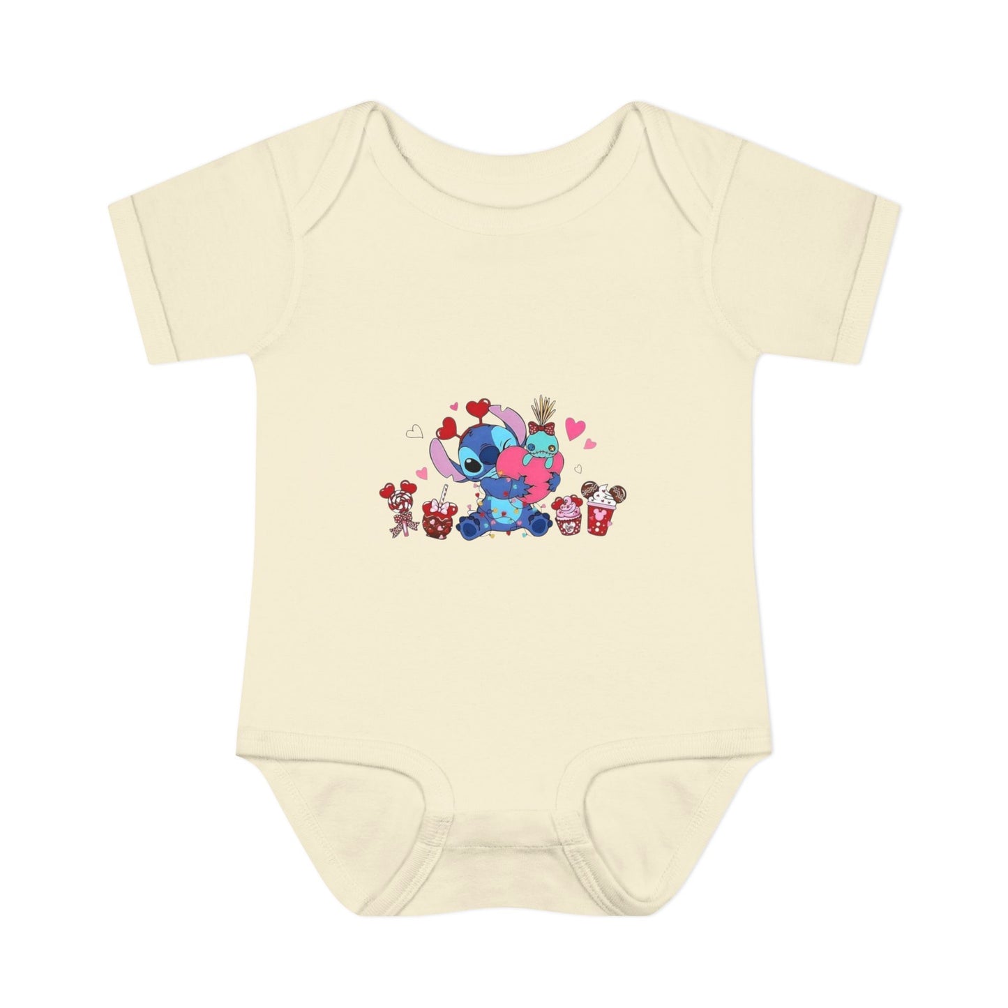 Stitch Valentine Baby Bodysuit — Cute Disney-Inspired Infant Onesie with Hearts & Treats