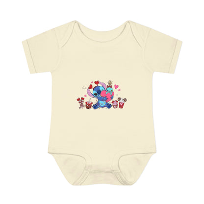 Stitch Valentine Baby Bodysuit — Cute Disney-Inspired Infant Onesie with Hearts & Treats