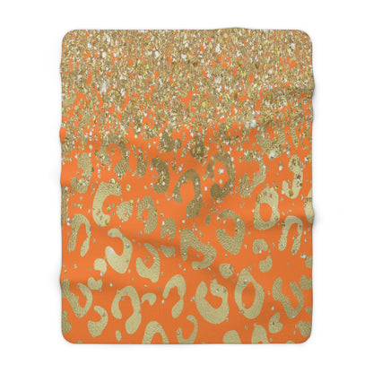 Gold Glitter Leopard Sherpa Blanket — Orange Animal Print Cozy Throw