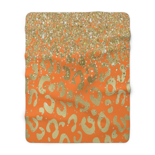 Gold Glitter Leopard Sherpa Blanket — Orange Animal Print Cozy Throw