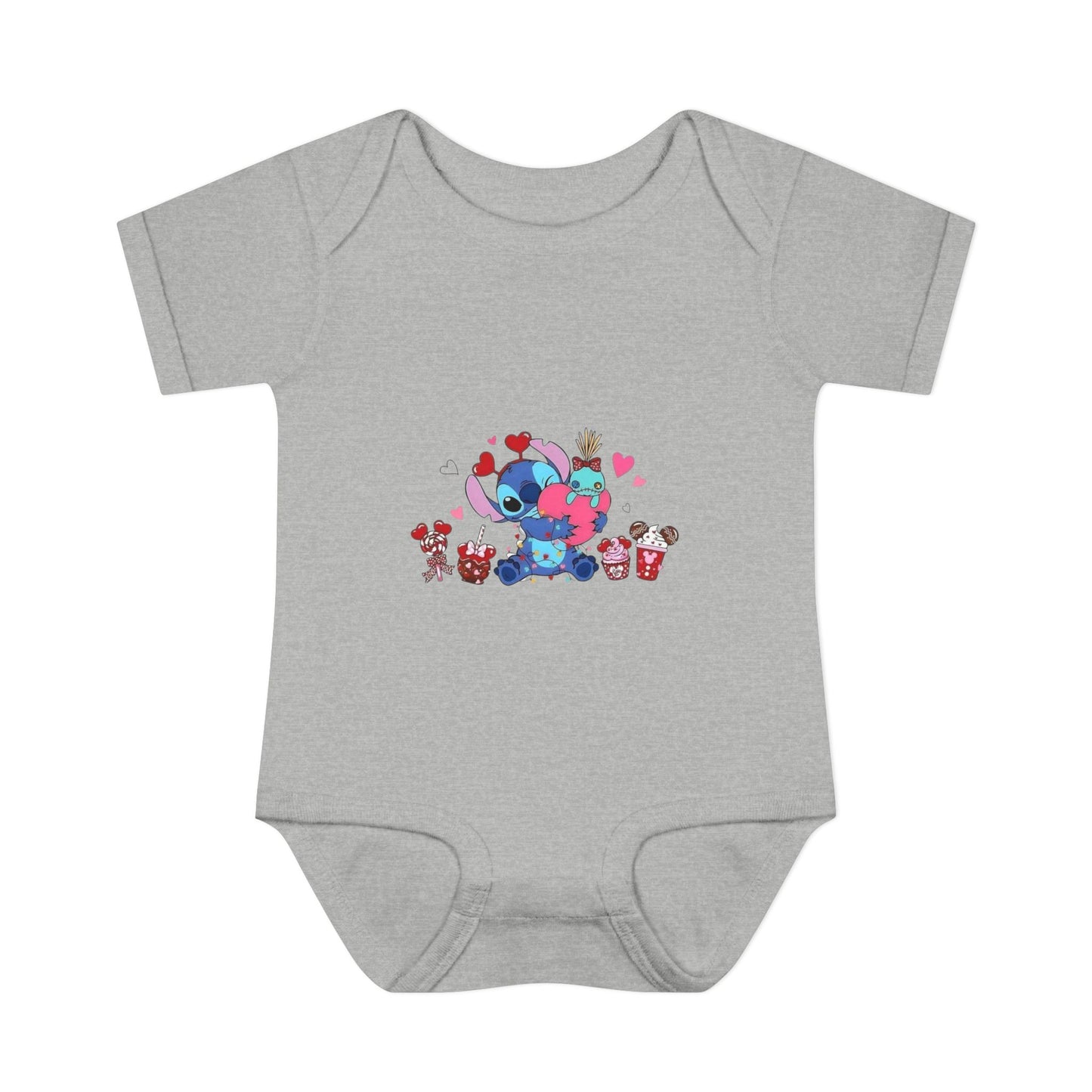 Stitch Valentine Baby Bodysuit — Cute Disney-Inspired Infant Onesie with Hearts & Treats