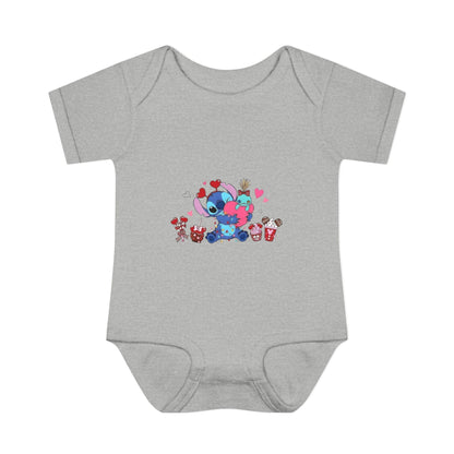 Stitch Valentine Baby Bodysuit — Cute Disney-Inspired Infant Onesie with Hearts & Treats