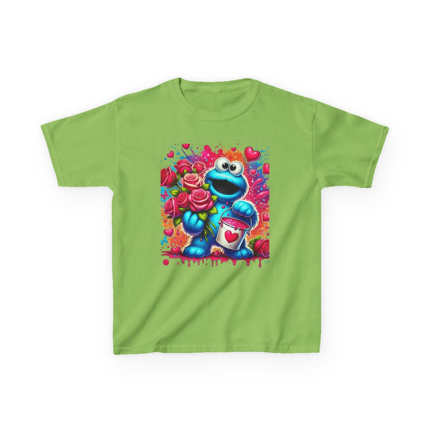 Valentine Blue Monster Kids Tee — Cute Fluffy Monster with Roses & Heart Paint