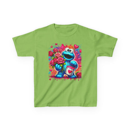 Valentine Blue Monster Kids Tee — Cute Fluffy Monster with Roses & Heart Paint