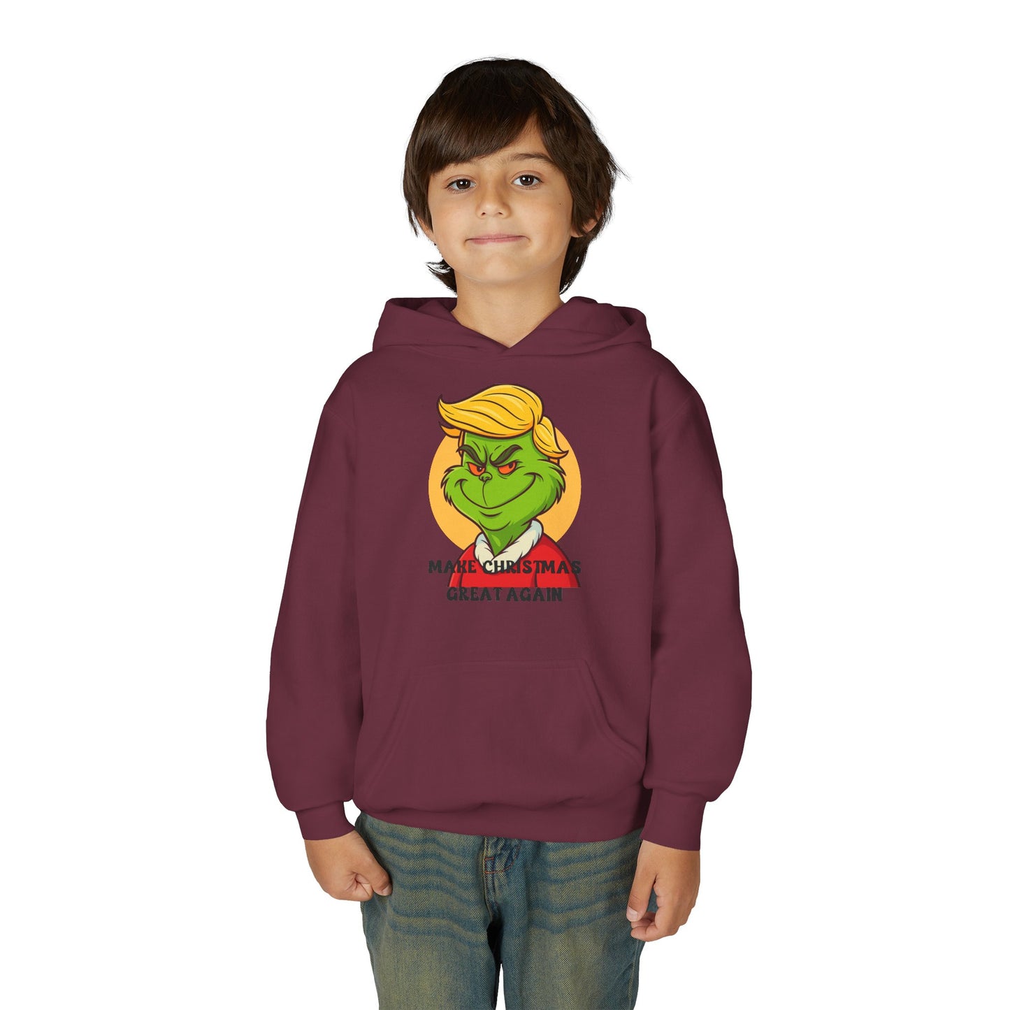 Youth Hoodie — Grinch Face Holiday Sweatshirt with 'Make Christmas Great Again' Text