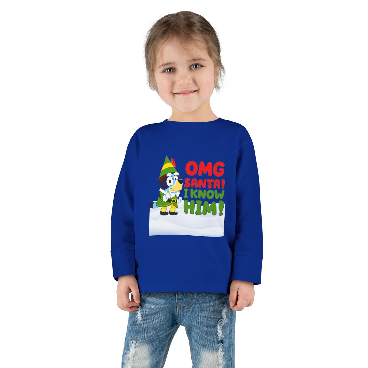 BLUE-Y Toddler Long Sleeve Tee — "OMG Santa! I Know Him!" DOG Christmas Shirt