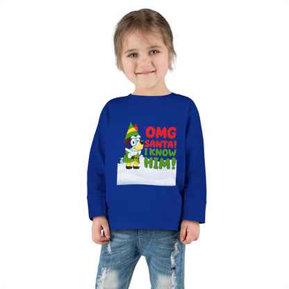 BLUE-Y Toddler Long Sleeve Tee — "OMG Santa! I Know Him!" DOG Christmas Shirt