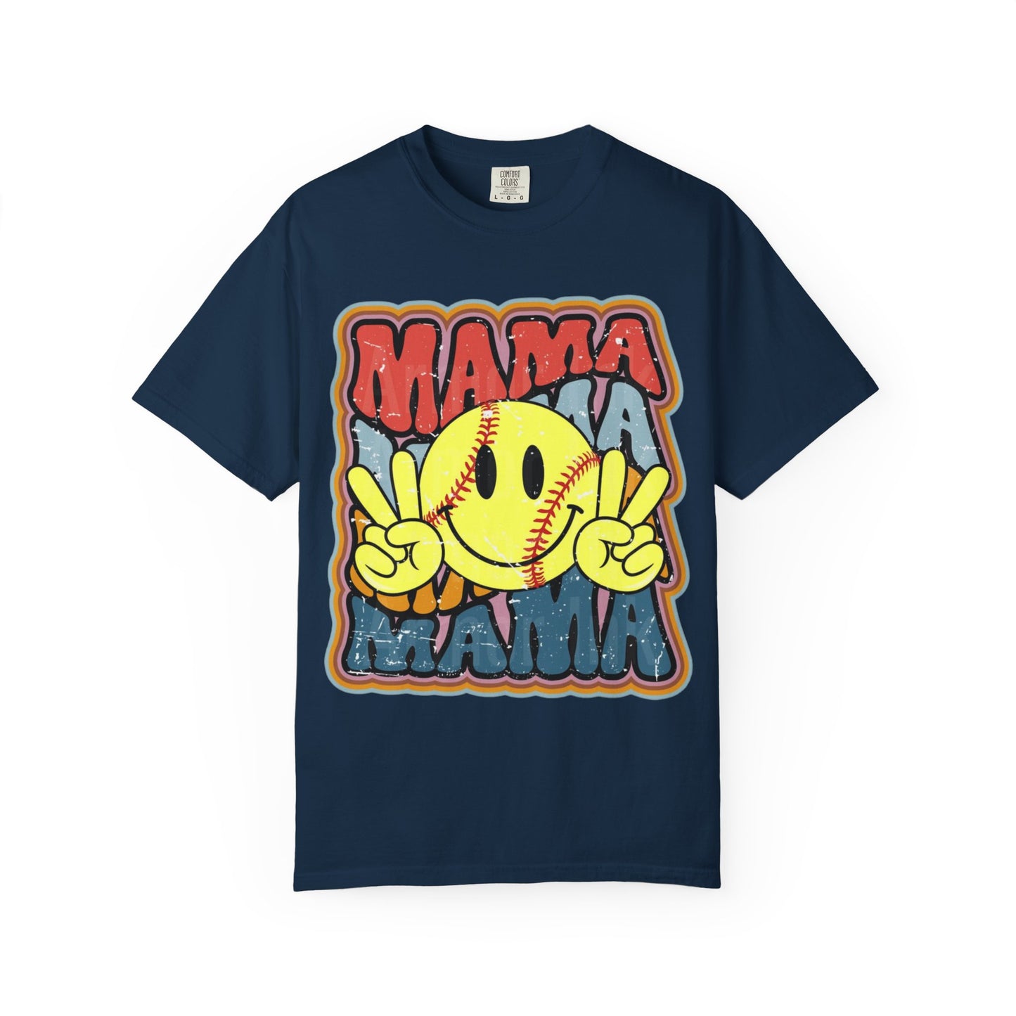 Mama Softball Smile T-Shirt — Retro Peace Sign Softball Mom Tee
