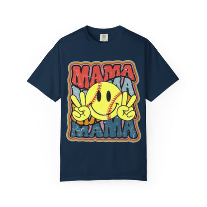 Mama Softball Smile T-Shirt — Retro Peace Sign Softball Mom Tee