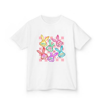 Kids Tee — Colorful Pastel Bunny Badges “Hug Me” Graphic