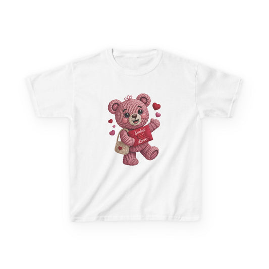 Kids Tee — Pink Teddy Bear with Hearts "Hello Valentine"