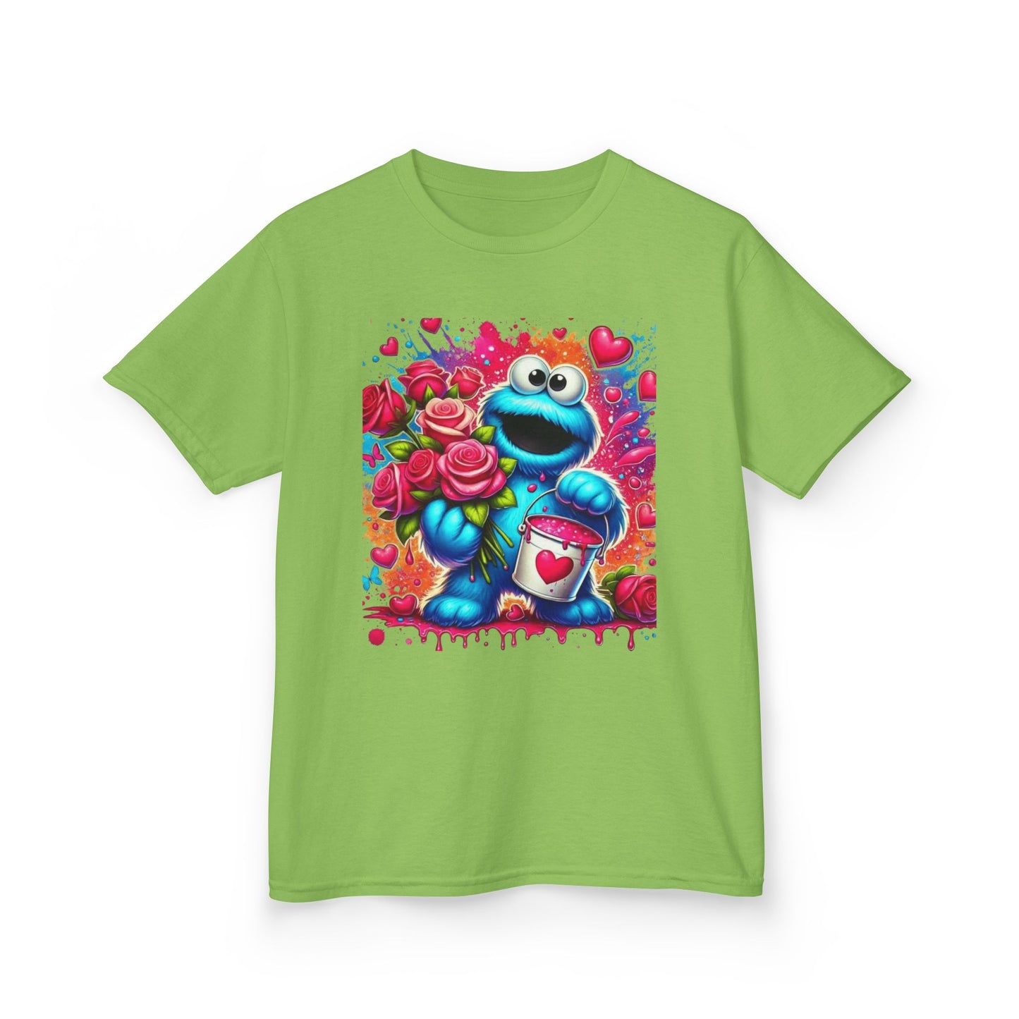 Valentine Blue Monster Kids Tee — Cute Fluffy Monster with Roses & Heart Paint