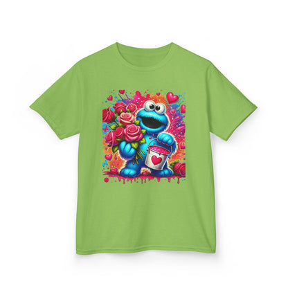 Valentine Blue Monster Kids Tee — Cute Fluffy Monster with Roses & Heart Paint